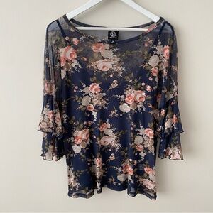 Bobeau Navy Floral Blouse with Pink and Cream Ruffle Sleeves Size Medium